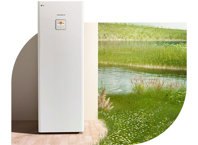 LG THERMA V è posizionata vicino al pilastro di una casa con vista sul torrente del fiume accanto.