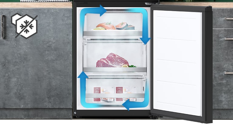 Immagine di un freezer no frost in cui delle frecce indicano la circolazione dell'aria per congelare i cibi senza creare ghiaccio.