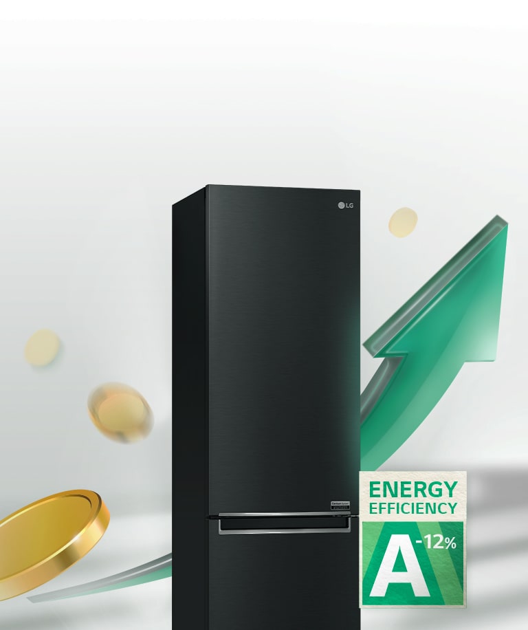 Immagine di un frigorifero con una freccia che sale e delle monete che cadono. C'è il logo dell'efficienza energetica A-12%.