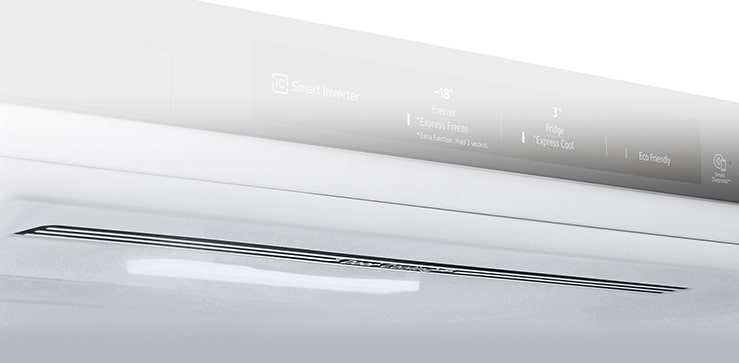 Pannello di controllo di un frigorifero LG con tecnologia Smart Inverter, temperatura regolabile e modalità Eco Friendly.