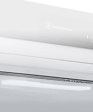 Condizionatore d'aria LG bianco con tecnologia Smart Inverter, vista laterale che mostra il pannello superiore.