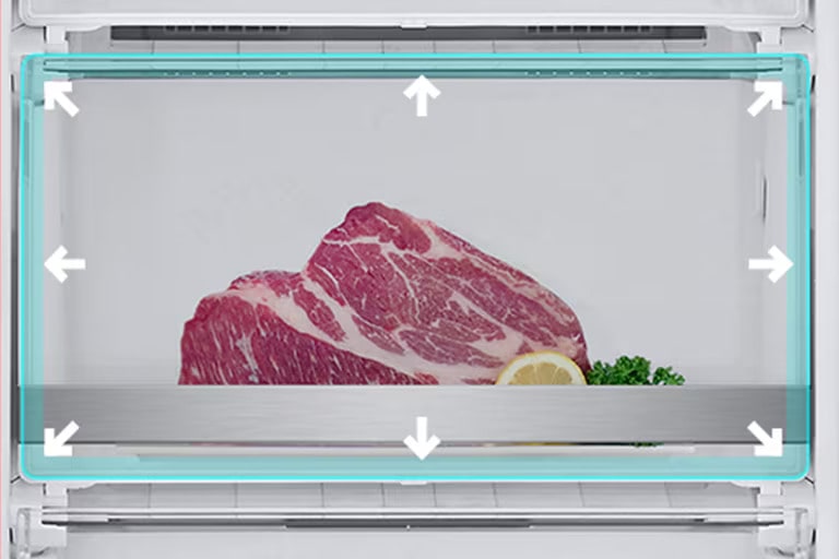  Carne fresca con limone e prezzemolo all'interno di un cassetto trasparente di un frigorifero.