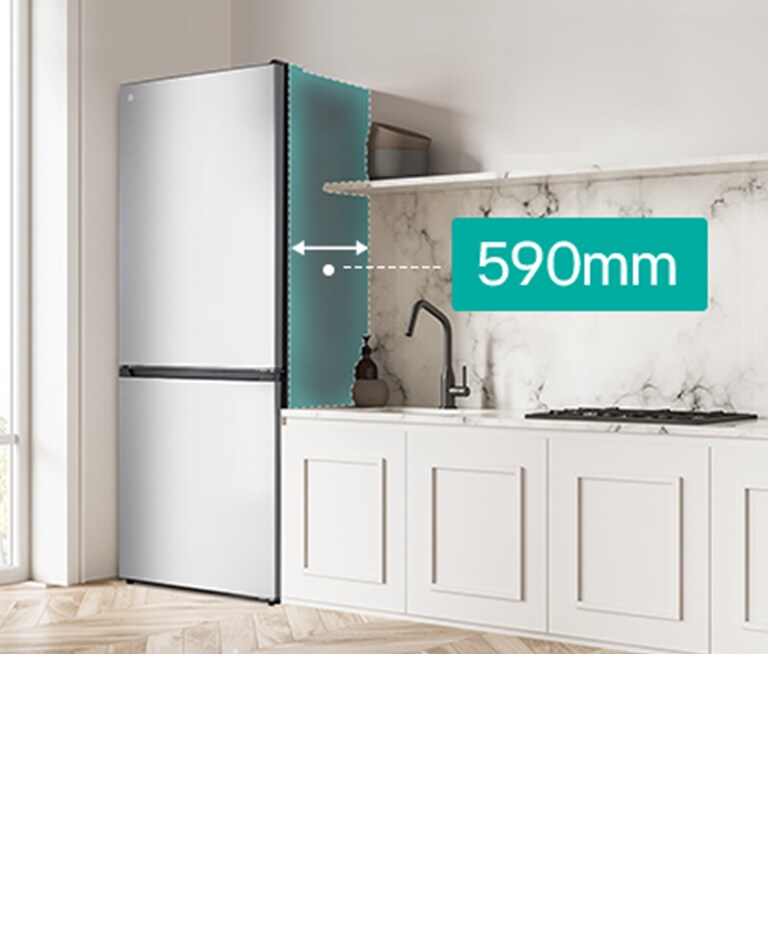 Una cucina arredata con il frigorifero installato e la scritta 59cm sul fianco che indica la profondità