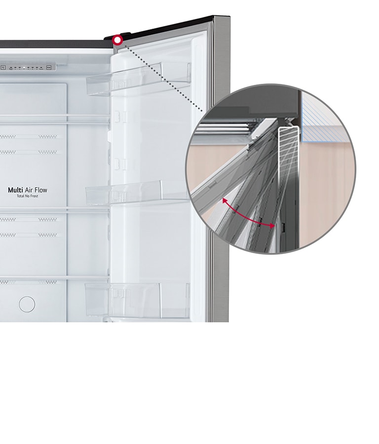 Frigorifero LG con porta aperta e flusso d'aria Multi Air Flow, dettaglio della guarnizione della porta.
