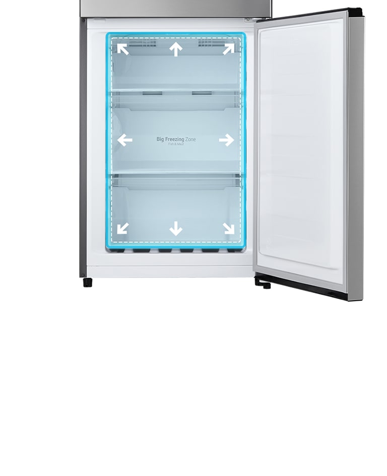 Dettaglio del freezer con delle frecce che evidenziano la grande capacità interna.
