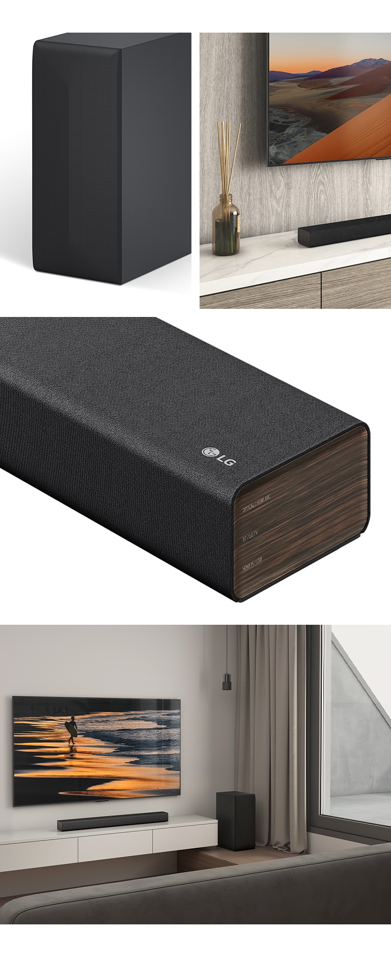 Da sinistra, un’immagine dell’altoparlante posteriore. Primo piano del TV LG che mostra la montagna sullo schermo e la soundbar LG sotto. Sulla destra in senso orario dall’alto verso il basso: primo piano della soundbar LG. TV LG che mostra una spiaggia al tramonto e l’altoparlante posteriore della soundbar LG nel soggiorno.