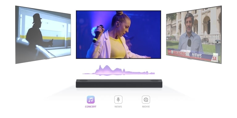 Il TV mostra un concerto. Cambiando canale, si passa a un notiziario con un giornalista che parla e poi si passa nuovamente alla scena di un film. La soundbar LG è posizionata esattamente sotto al TV nello spazio infinito. Riproduci il video.