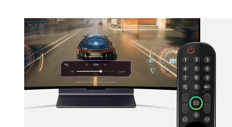 Un'immagine di LG OLED Flex in posizione piana con un telecomando davanti a sé. Il pulsante di curvatura è evidenziato in verde.
