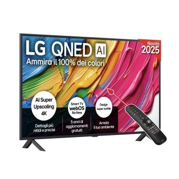 Vista frontale di una TV 50 pollici LG QNED AI QNED80 4K Smart TV 2025 50QNED80A6A
