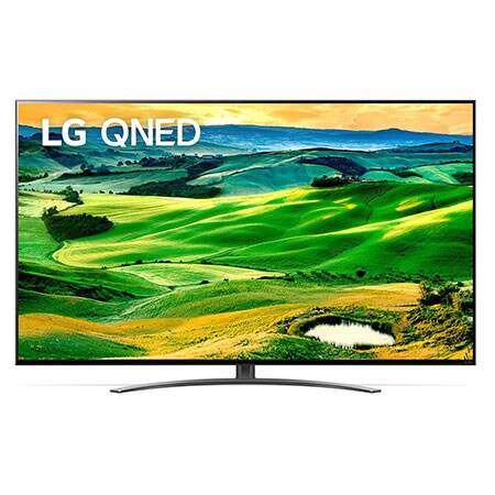 Vista frontale del TV LG QNED con immagine di riempimento e logo del prodotto