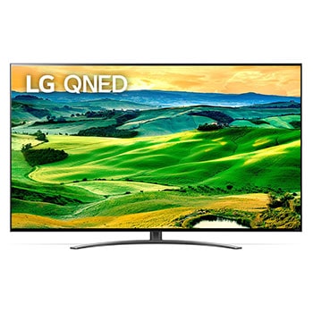 Vista frontale del TV LG QNED con immagine di riempimento e logo del prodotto