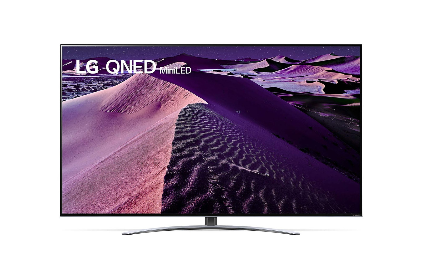 Vista frontale del TV LG QNED con immagine di riempimento e logo del prodotto