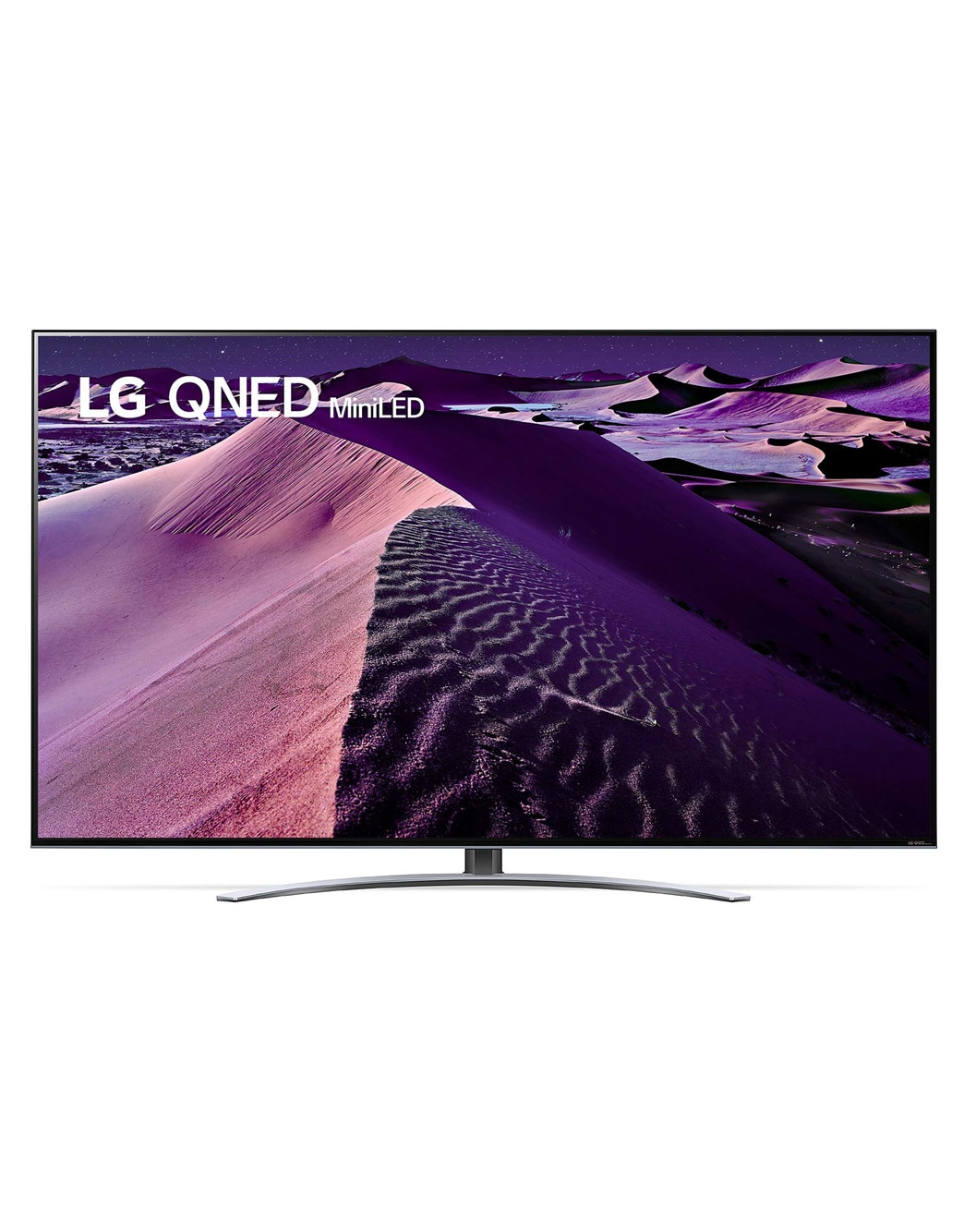 Vista frontale del TV LG QNED con immagine di riempimento e logo del prodotto