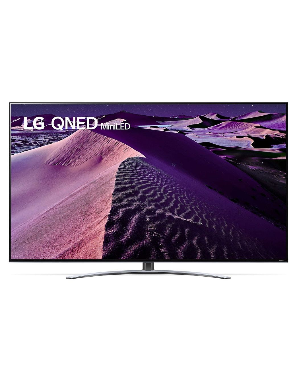 Vista frontale del TV LG QNED con immagine di riempimento e logo del prodotto