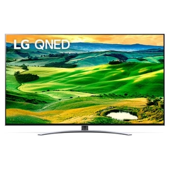 Vista frontale del TV LG QNED con immagine di riempimento e logo del prodotto