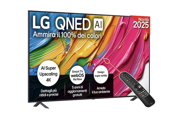 Vista frontale di una TV 86 pollici LG QNED AI QNED80 4K Smart TV 2025 86QNED80A6A