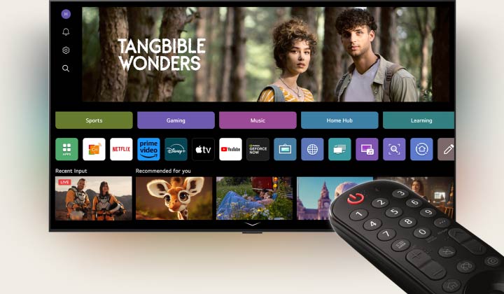 Immagine che mostra l'uso del Telecomando puntatore AI. L’intero scenario mostra quanto sia semplice e comodo usarlo. L’home page LG webOS è visibile quando appare un cursore e si clicca su una miniatura specifica. Riempie lo schermo. Viene quindi evidenziato il pulsante AI sul telecomando. 