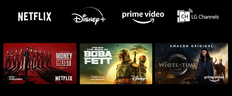 Locandine di La casa di carta su Netflix, The Book of Boba Fett di Disney Plus e La Ruota del Tempo di Prime Video.