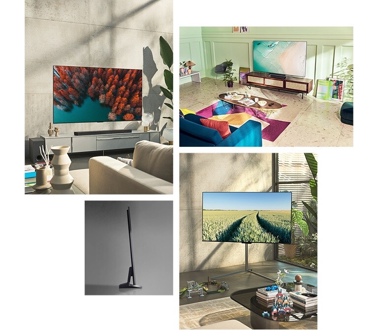 An LG OLED G2 hangs on a living room wall with plants, a stack of books, and a vintage cabinet. An LG OLED G2 hangs on a minimalist-looking room wall next to a shelf with monochrome furnishings. Side view of the ultra-thin LG OLED G2 bezel. An LG OLED G2 hangs on a colorful living room wall with a dried plant, a diffuser, and vases. A close-up of the ultra-thin LG OLED G2 bezel.