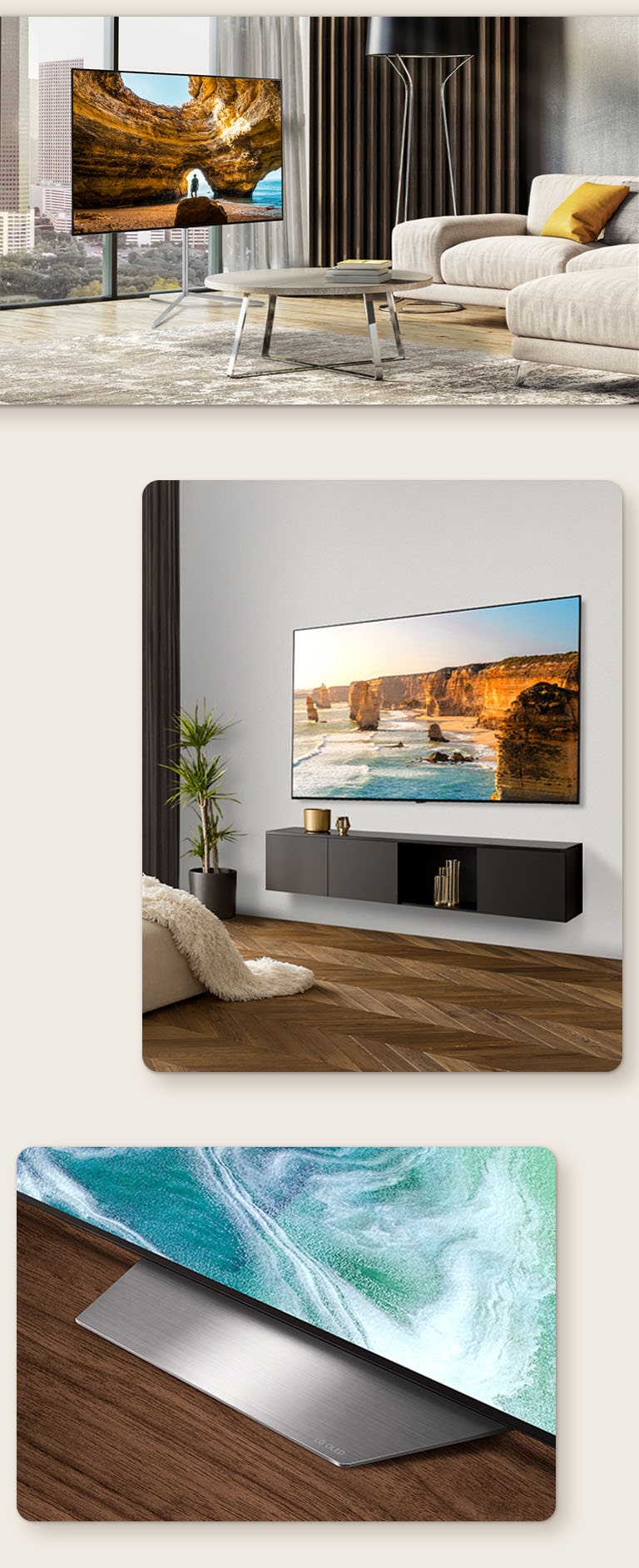 Un'immagine di LG OLED B3 con un supporto da pavimento davanti a una finestra con vista su un paesaggio urbano. LG OLED B3 sulla parete di una stanza moderna. L'angolo inferiore del supporto di base di LG OLED B3.