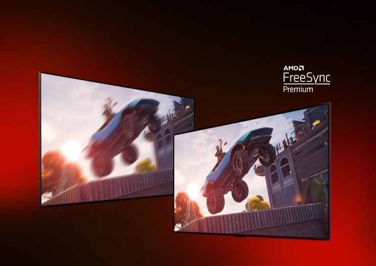 Si vedono due TV: a sinistra è visualizzata una scena di gioco di FORTNITE con una vettura da gara. A destra è visualizzata la stessa scena, ma l’immagine risulta più luminosa e nitida. Nell’angolo in alto a destra è riportato il logo AMD FreeSync premium.