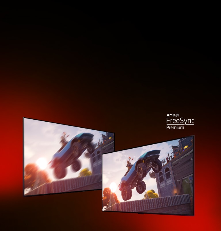 Si vedono due TV: a sinistra è visualizzata una scena di gioco di FORTNITE con una vettura da gara. A destra è visualizzata la stessa scena, ma l’immagine risulta più luminosa e nitida. Nell’angolo in alto a destra è riportato il logo AMD FreeSync premium.