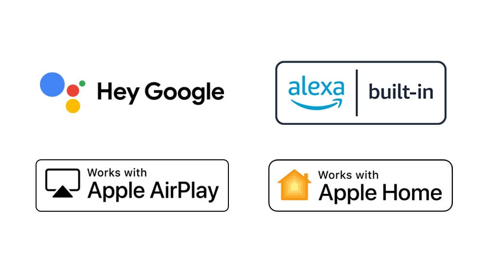 Il logo di “Ehi Google” Il logo di “Alexa integrata” Il logo di “Funziona con Apple AirPlay” Il logo di “Funziona con Apple”