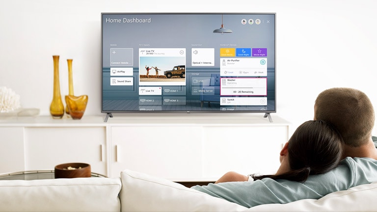 Un uomo e una donna seduti sul divano in soggiorno con la Dashboard Home sullo schermo del TV