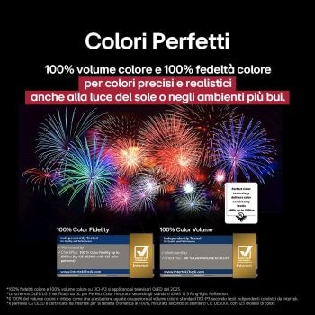 Fuochi d’artificio abbaglianti e dai colori vivaci vengono proiettati su uno schermo televisivo. Ciò dimostra una fedeltà cromatica del 100%, ovvero colori accurati anche alla luce del sole.  La certificazione del logo è visibile, la tecnologia Colori perfetti garantisce livelli di coerenza del colore superiori al 99% fino a 500 lux. Le certificazioni Intertek che dimostrano l’indipendenza dei test.