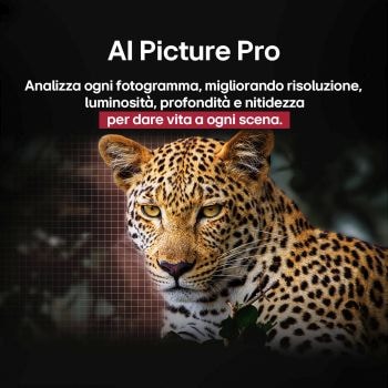 Leopardo nella foresta, dai colori vividi e ricco di dettagli. Il leopardo ha una griglia e una luce che brilla dietro di esso, indicando come LG AI Picture Pro ha apportato notevoli miglioramenti visivi alla risoluzione, alla luminosità, alla profondità e alla chiarezza della scena.