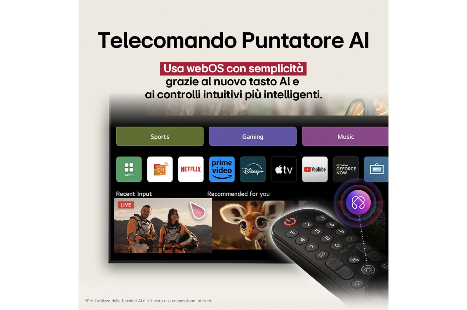 Sullo schermo di un LG OLED TV viene visualizzata la pagina iniziale di webOS 25, ricca di app e contenuti di intrattenimento. Accanto alla TV c’è il telecomando LG AI Magic Remote, il cui pulsante AI è messo in evidenza come se fosse attivato dalla voce dell’utente. Accanto ad essa c'è un fumetto, che passa al mio account. Il breve testo spiega come gli utenti possano ora sincronizzare la propria voce con il profilo personale per una navigazione più semplice e raccomandazioni personalizzate.