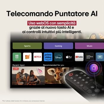 Sullo schermo di un LG OLED TV viene visualizzata la pagina iniziale di webOS 25, ricca di app e contenuti di intrattenimento. Accanto alla TV c’è il telecomando LG AI Magic Remote, il cui pulsante AI è messo in evidenza come se fosse attivato dalla voce dell’utente. Accanto ad essa c'è un fumetto, che passa al mio account. Il breve testo spiega come gli utenti possano ora sincronizzare la propria voce con il profilo personale per una navigazione più semplice e raccomandazioni personalizzate.