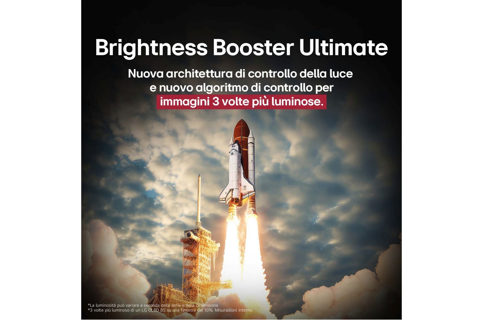 Uno space shuttle in fase di lancio da terra La scena è divisa a metà: una metà è leggermente più scura e opaca, l’altra metà mostra come le immagini dell’esplosione del razzo siano straordinariamente luminose sullo schermo di una LG OLED TV con la struttura di emissione della luce e l’architettura di controllo dell’illuminazione del Brightness Booster Max.