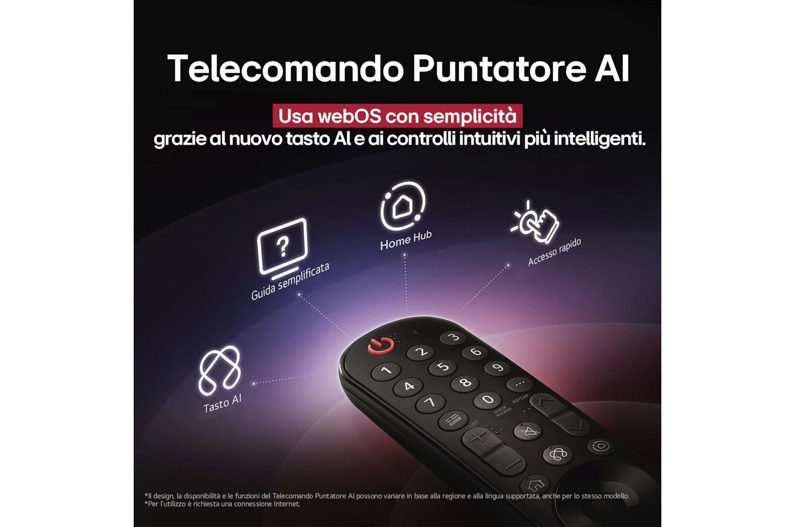 Schermo della LG TV con un AI Magic Remote in primo piano. Il pulsante AI è messo in evidenza e un fumetto mostra il testo: “Suggerisci un film che mi piace”. Sullo schermo compare l’icona dell’utente E, che indica come AI Voice ID sia riuscito a identificare l’utente in questione e di fornire raccomandazioni personalizzate solo in base alla sua voce. 