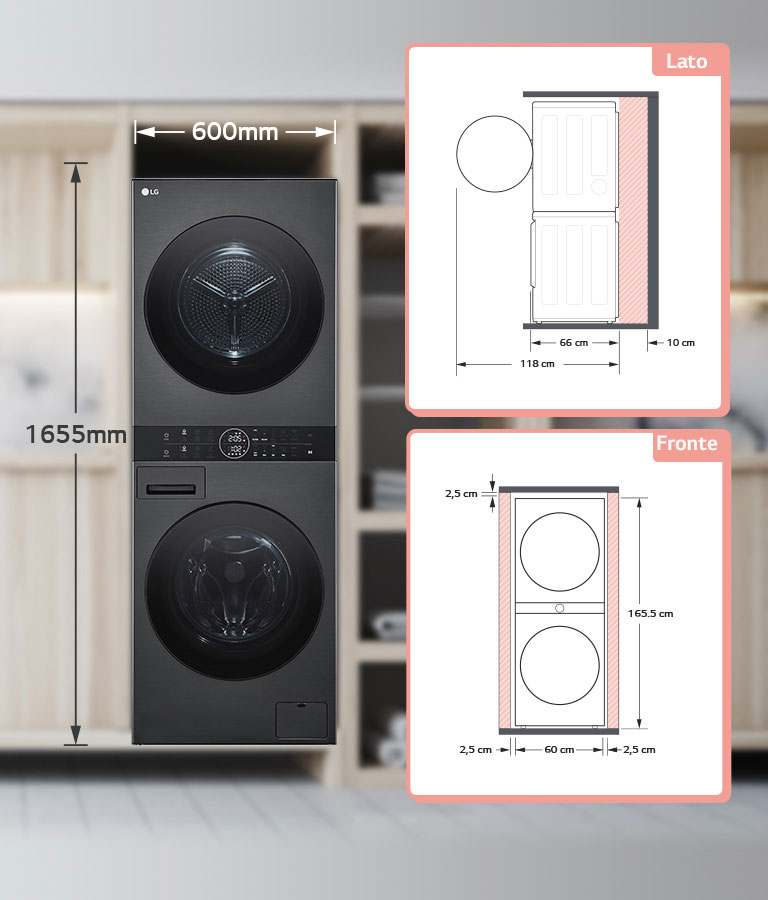 Misure che spiegano quanto spazio è necessario tenere fra la WashTower™ e le pareti circostanti. Sono necessari 10cm sul retro e 2,5cm su entrambi i fianchi.