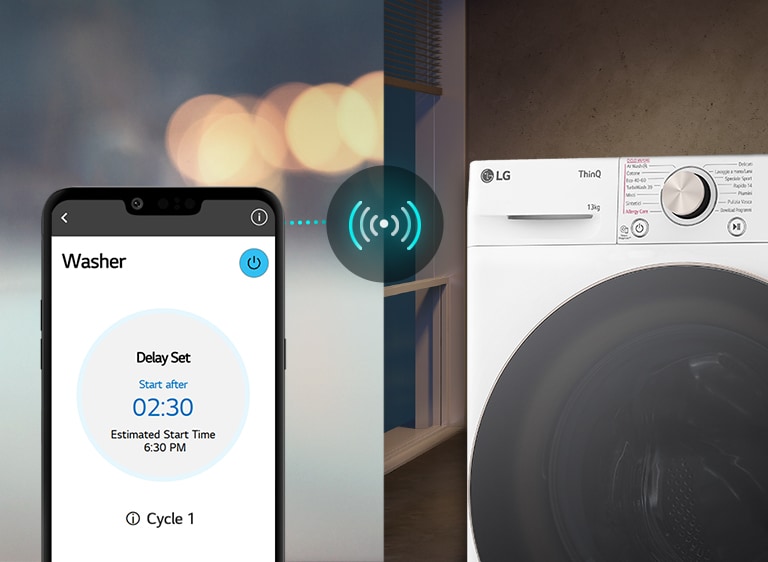 Lavatrice LG ThinQ collegata a uno smartphone tramite Wi-Fi per avviare il ciclo di lavaggio alle 6:30 PM.