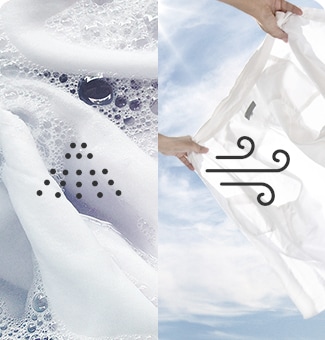  A sinistra panni bianchi immersi in bolle di sapone, a destra mani sollevano un lenzuolo bianco con simbolo del vento.