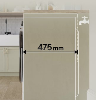  Lavastoviglie LG con profondità di 475 mm in una cucina moderna, con rubinetto nero a sinistra e piano di lavoro beige.