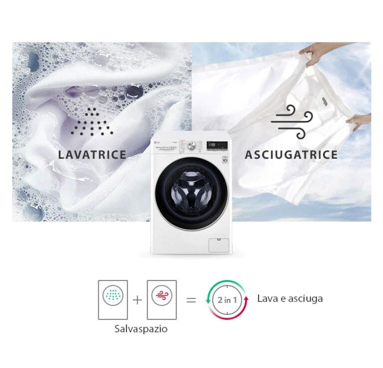 Lavatrice e asciugatrice LG 2 in 1, combinazione di lavaggio e asciugatura, con illustrazioni di vestiti puliti e asciutti.