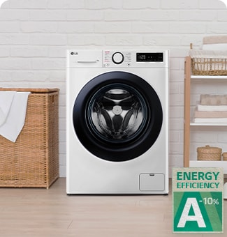  Lavatrice LG a carica frontale bianca con display digitale, classe energetica A-10%, in una lavanderia moderna.