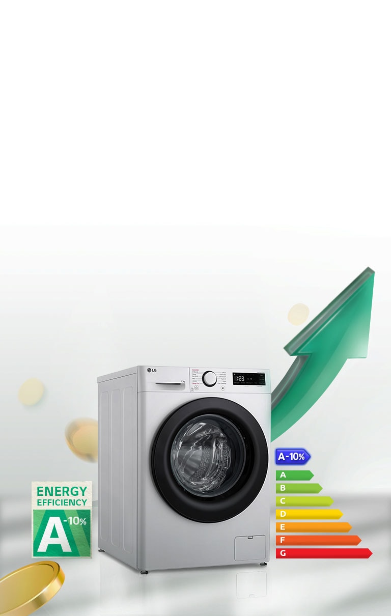 Lavatrice LG a carica frontale con efficienza energetica A-10%, con un grafico verde crescente a destra.