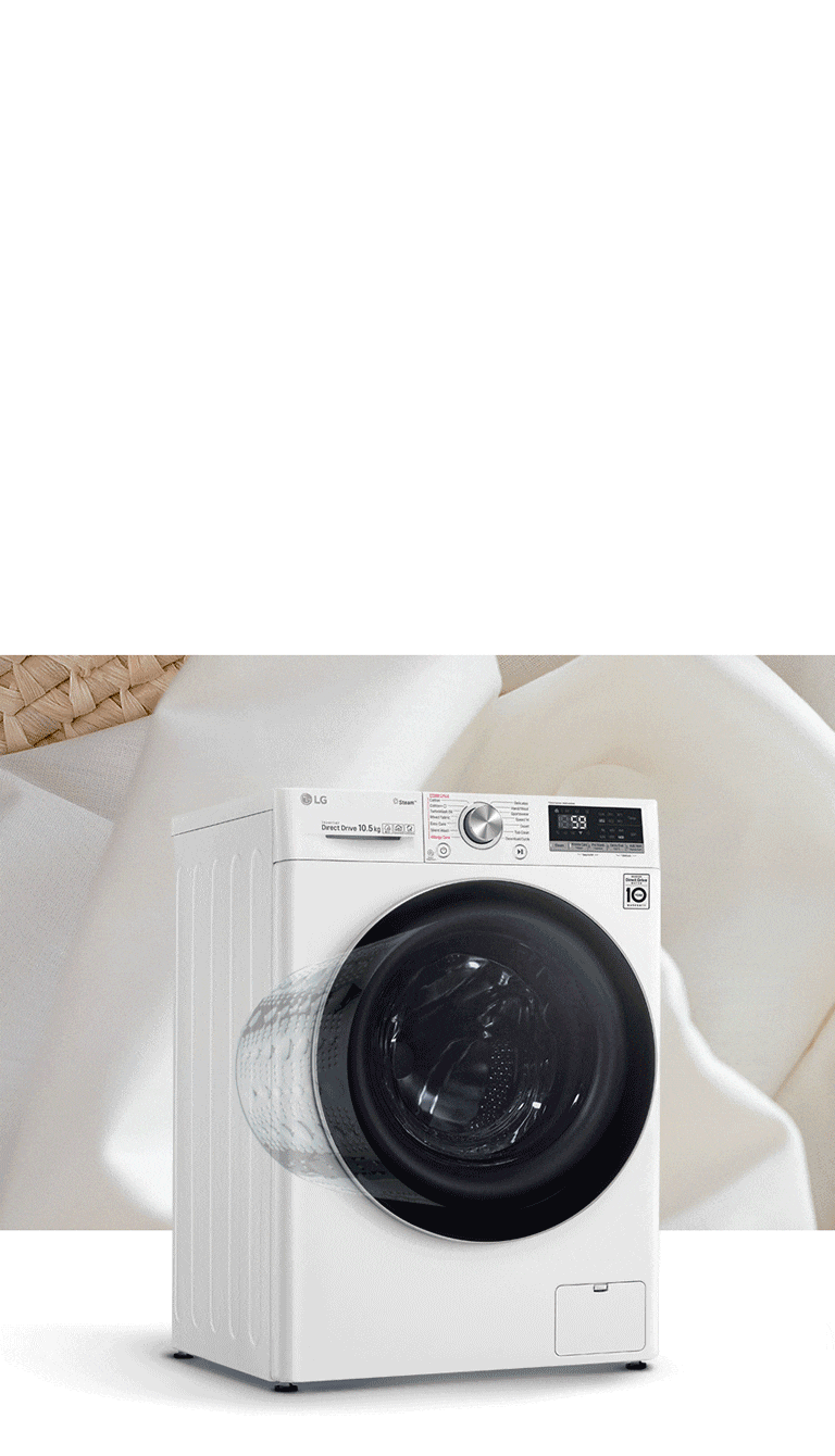 Una lavatrice, espressa come una grande capacità, è davanti all'immagine del cesto della biancheria.