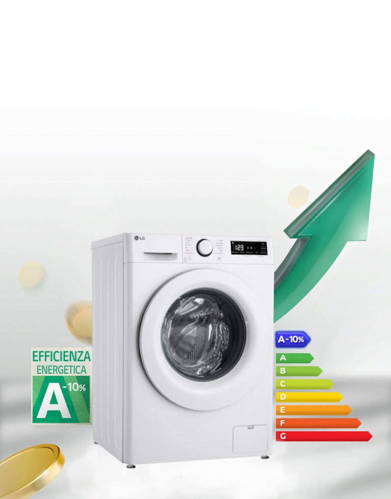 Lavatrice LG a carica frontale con efficienza energetica A-10%, pannello digitale e freccia verde.