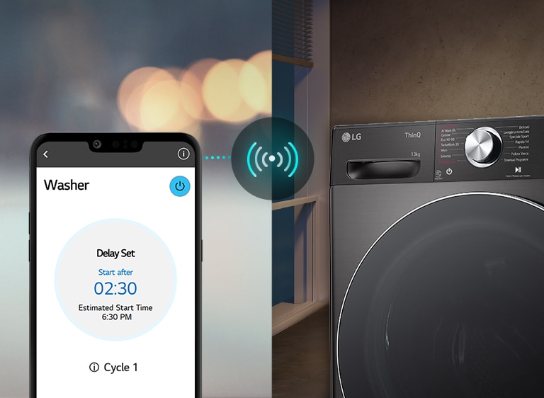 Lavatrice LG ThinQ connessa a uno smartphone tramite Wi-Fi per impostare un avvio ritardato delle 2:30.