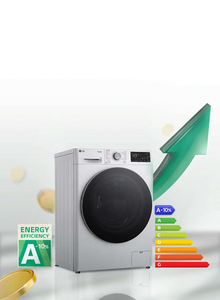 Foto che mostra l'etichetta di classificazione energetica ad alta efficienza A-10% e il grafico della classificazione energetica accanto alla lavatrice. Dietro alla lavatrice c'è una freccia verde che punta verso l'alto.