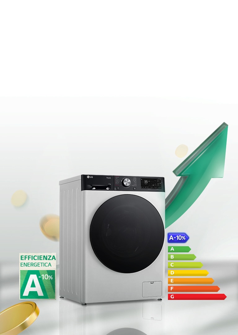Lavatrice LG con classe energetica A-10%, pannello di controllo digitale, accanto a una freccia verde verso l'alto.