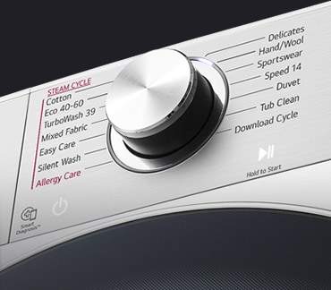 Questa è un'immagine ingrandita della manopola di metallo sul pannello di una lavatrice.