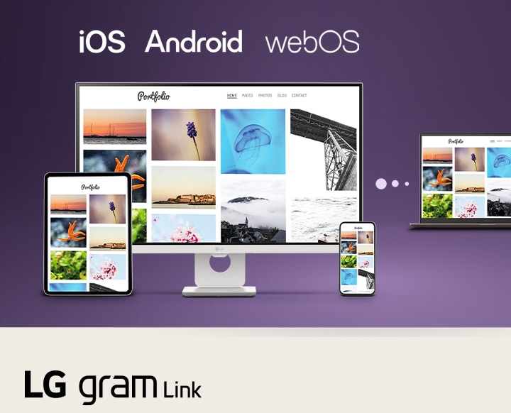 Questa immagine mostra un laptop LG Gram collegato a un tablet, uno smartphone e un display desktop, illustrando una sincronizzazione fluida tra più dispositivi e la condivisione dei contenuti su iOS, Android e webOS tramite LG Gram Link.