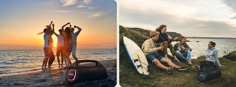 Due scene: a sinistra, un gruppo di amici che ballano sulla spiaggia al tramonto con un altoparlante portatile; a destra, amici seduti vicino alla riva con tavole da surf e un altoparlante portatile.