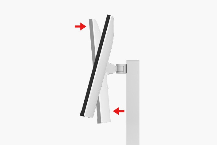 L’immagine illustra la funzione di inclinazione di un monitor, mostrando come lo schermo può essere regolato in avanti e indietro per un posizionamento ergonomico.